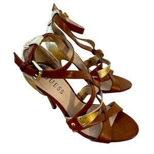 Guess Stiletto Womens Brown and Gold Snakeskin Heels Ankle Strap Size 6.5